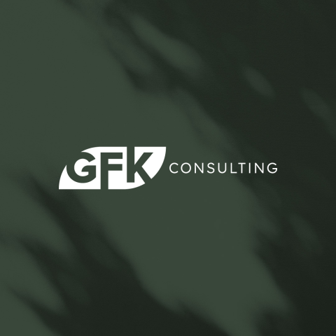 GFK Consulting logo over dark green shadowy background.